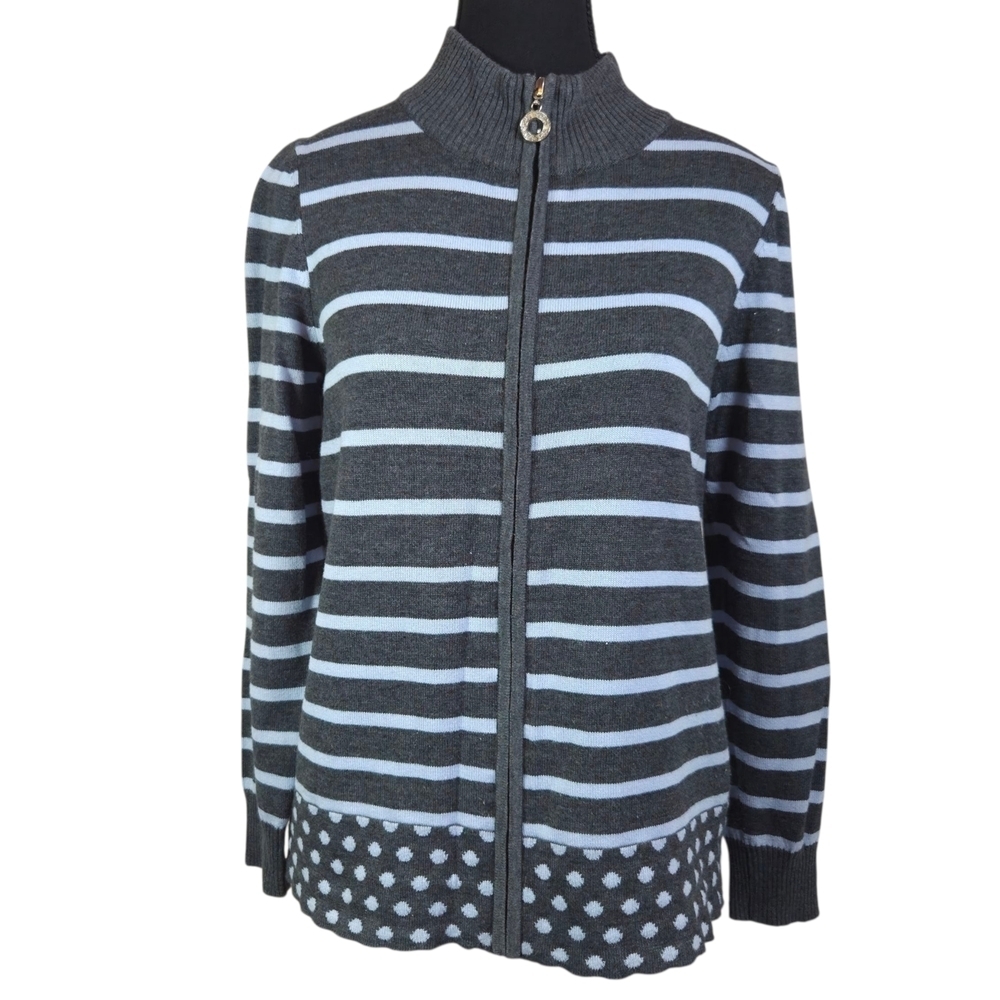 Laura Petites Blue And Grey  Cardigan Sweater Wirh Rhinestone Toggle Med